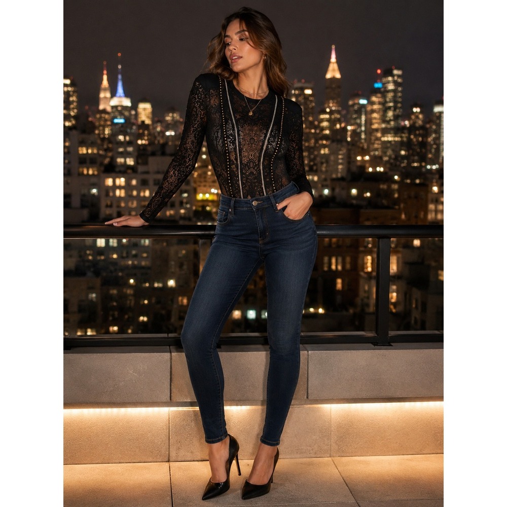 Victoria's Secret Black Lace Studded Rhinestone Long Sleeve Bodysuit Medium